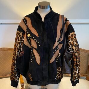 Vintage 80s Cache Statement Animal Print Suede Leather Studded Bomber Jacket